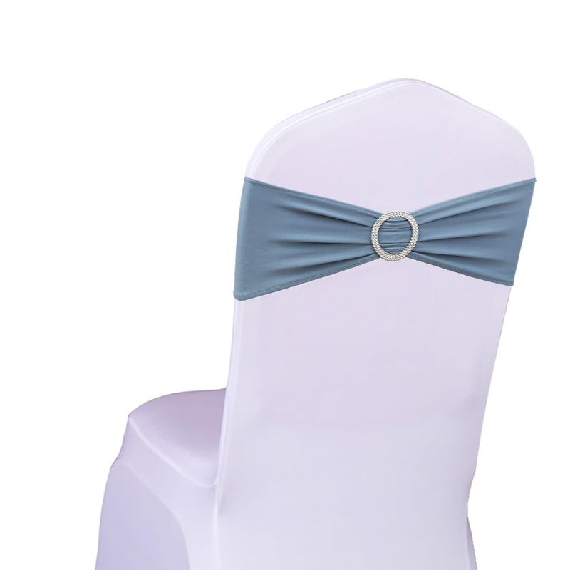 SINSSOWL Pack of 50PCS Spandex Dusty Blue Chair Sashes Bows Elastic Chair Cover Bands Slider Buckles for Wedding Reception Banquet Bridal Decorations - Dusty Blue - Image 1